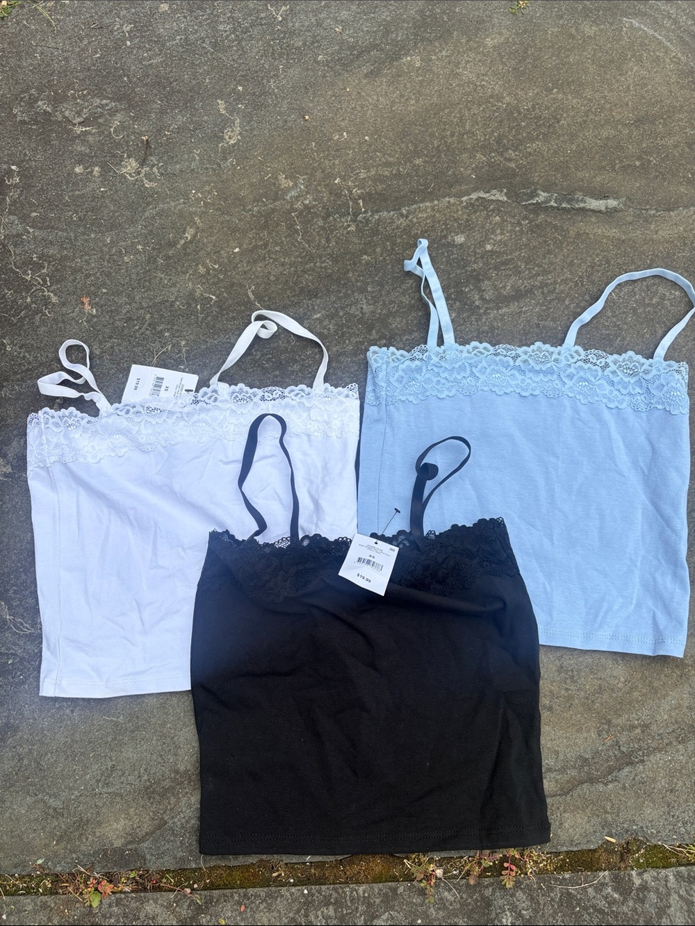 Lace-Trim Cotton-on Cami Tank Tops — White, Light Blue, Black